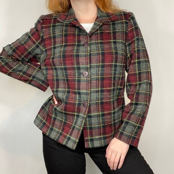 Vintage 90s Sag Harbor Olive & Burgundy Plaid Shacket Shirt Jacket Blazer Coat - Picture 5 of 11